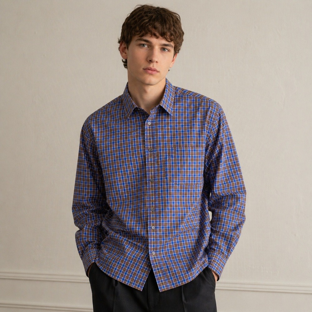 Scott Barber Men's XL Brown Blue Plaid Button‎ Down Shirt Cotton L/S